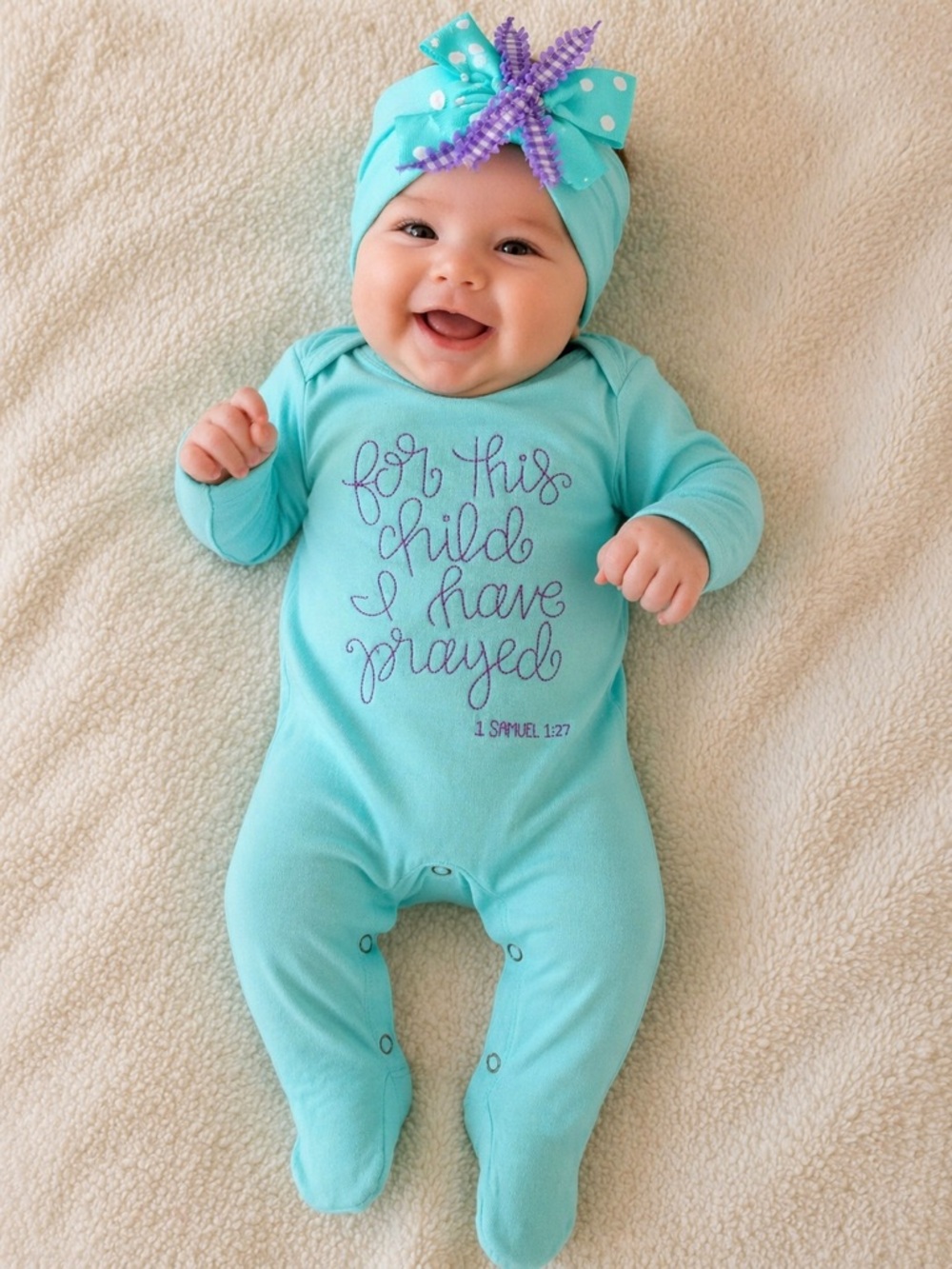 Baby One-Piece Footed Romper in Aqua with Script Print